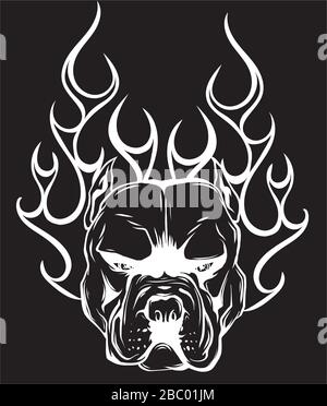 Bull Dog Flame Tattoo in black background Stock Vector