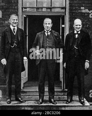 Winston Churchill recently appointed Chancellor of the Exchequer,  with Austen Chamberlain, Foreign Secretary and Prime minister Stanley Baldwin.1924. Stock Photo