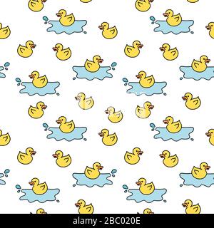 Yellow rubber ducky bath toy. Doodle style seamless texture. Stock Vector