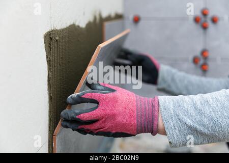 tiler laying tiles on the bathroom wall Stock Photo