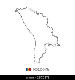 Moldova, Moldavia map line, linear thin vector. Moldova, Moldavia simple map and flag. Stock Vector