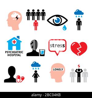 Depression, stress, anxiety vector icons set - mental health concept, depressed poeple design Stock Vector