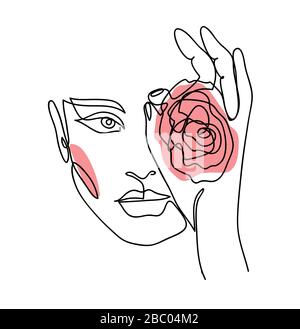 Portrait, face with rose. One continuous line art woman, girl.