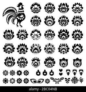 Polish folk art Wycinanki Lowickie vector design elements - monochrome flower, rooster, leaves. Perfect for textile patterns or greeting cards Stock Vector