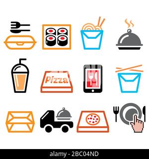 Take away box, meal vector icons set, Chinese food delivery, pizza and sushi bar take away design Stock Vector