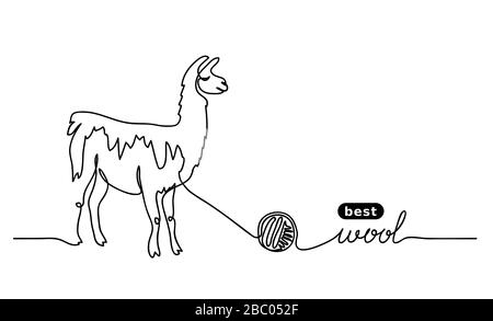 Lama best, finest wool. Vector label design, simple background. One continuous line drawing Stock Vector