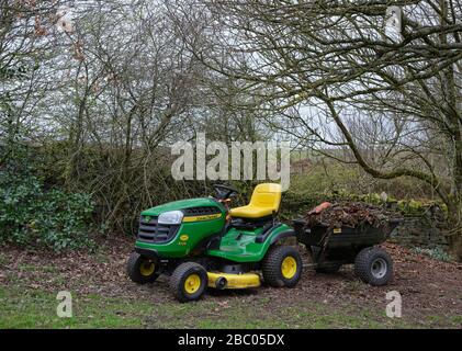 John Deere X125 Ride On Mower And Groundscapes Trailer Used For Wood And Leaf Clearance On The Smallholding In Nidderdale At 900ft 27 03 20 Stock Photo Alamy