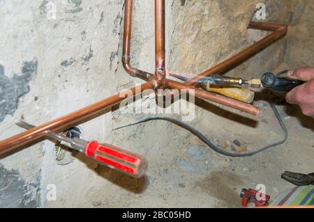 construction site, family house, bathroom, reconstruction, renovation, copper tubes are, hot water heating system, on April 2nd, 2020. (CTK Photo/Libo Stock Photo