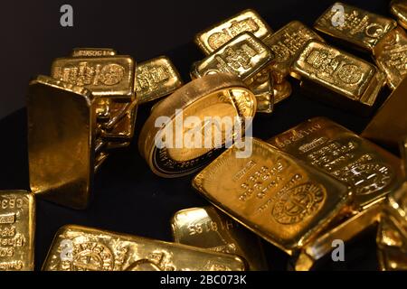 Gold bars in the vault of the gold trading company Pro Aurum - Precious metals, coins, bars in Munich. [automated translation] Stock Photo