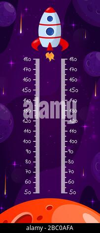 Kids space height chart, cosmic wall meter with cartoon fantasy planets and rocket. Vector template. Stock Vector