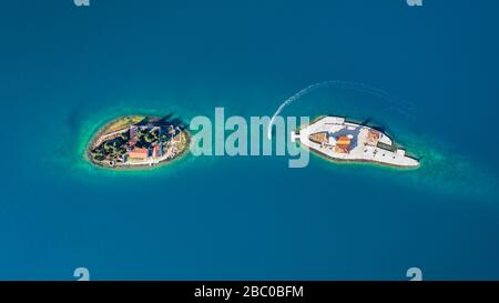 Aerial photo of St. George and monastery on the islands near Perast town in Kotor bay Stock Photo