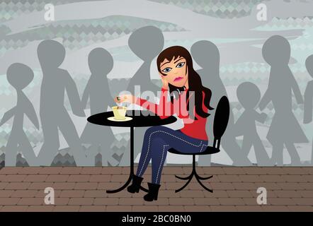 girl sits alone in a cafe sad Stock Vector