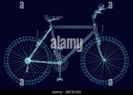 Bicycle wireframe made of blue lines with luminous lights on a dark background. Side view. Vector illustration. Stock Vector