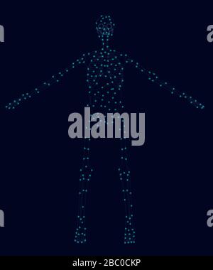 The contour of a human skeleton of blue lines with luminous lights on a dark background. Vector illustration. Stock Vector
