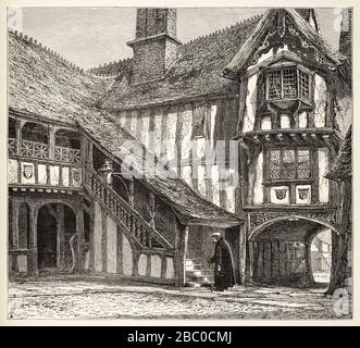 Antique 19th century engraving of the courtyard of Leicester's Hospital in Warwick (now called The Lord Leycester Hospital), founded by Robert Dudley, Stock Photo