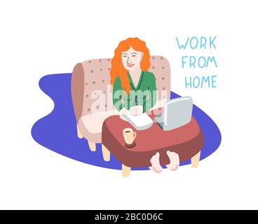 work from home coronavirus covid-2019 prevention - woman with red hair sits on a sofa at a coffee table and works Stock Vector
