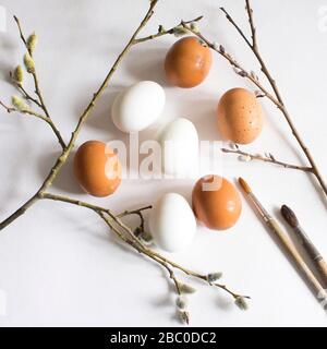 Nest with white and brown chicken eggs and quail eggs, willow branches Stock Photo