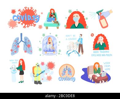 set of 12 coronavirus illustrations, covid-19 symptoms, preventions and treatment, quarantine motivational collection, 2019-nCoV wuhan virus Stock Vector