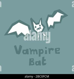 Vampire bat icon, paper cut. Abstract silhouette on a grey or green. Interactive card for learning English alphabet. Thick outline, text. DIY cute Stock Vector