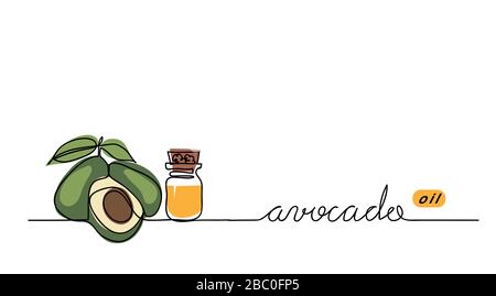 Avocado oil in the glass bottle. one continuous line drawing background Stock Vector