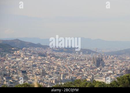 A view over the city of Barcelona seen from the army fortress at Mont Juig, Barcelona, Catalonia, Spain. Stock Photo