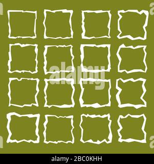 Square window frame. Irregular broken line. White on green background. Kinks, warped square frames. Primitive flat style, cut out of paper. Different Stock Vector
