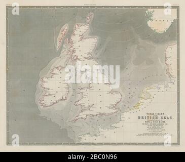 Tidal Chart of the British Seas. High water wave & time. JOHNSTON 1856 old map Stock Photo