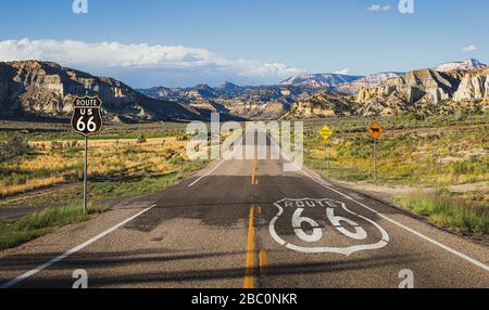 Scenic view of  famous Route 66 in classic american mountain scenery at sunset Stock Photo