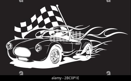 illustration of racing car with checker flag in black background Stock Vector