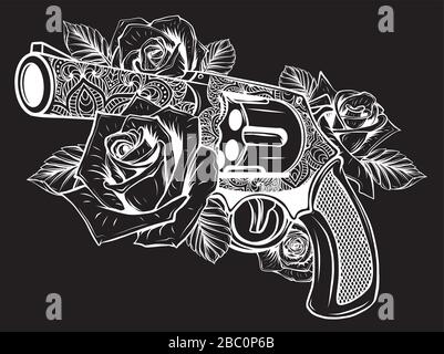 Gun Engravings Roses guns and rose flowers drawn in tattoo style. illustration Stock Vector ...