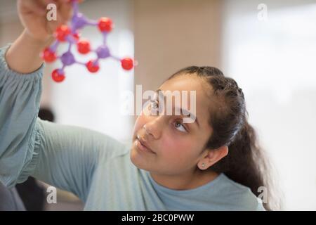 Curious girl student examining molecular structure in classroom Stock Photo