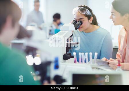 Girl students using microscope, conducting scientific experiment in laboratory classroom Stock Photo