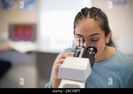 Girl student using microscope in classroom Stock Photo
