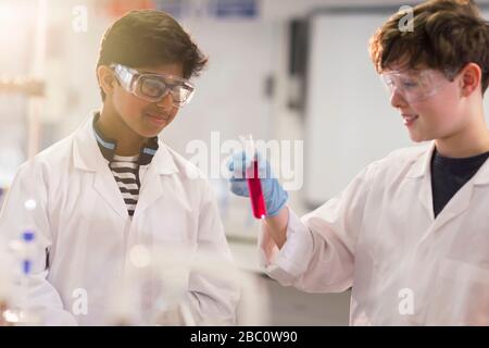 Boy students examining liquid in test tube, conducting scientific experiment in laboratory classroom Stock Photo