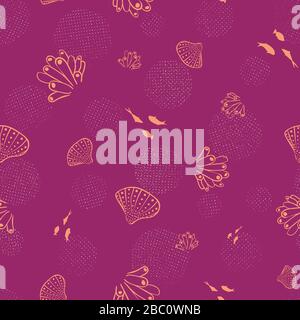shells fish and tubular coral seamless vector pattern in vibrant pink Stock Vector