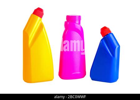 Three colorful bottles with detergent in plastic containers for house or medical clean. Cleaning equipment. Blank label. Isolated on white background. Stock Photo