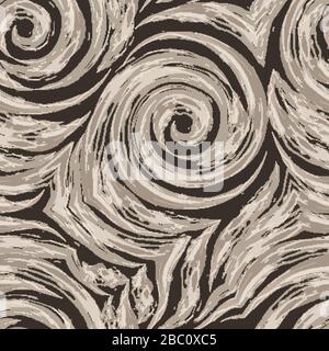 Vector seamless texture of spirals and broken lines of beige color on a brown background. Imitation of watercolor. Brush strokes. Fibonacci spiral Stock Vector