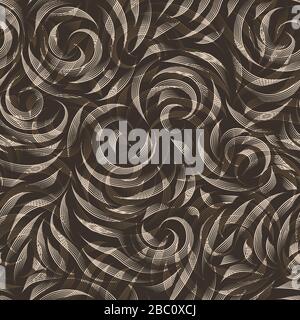 Vector seamless beige texture on a brown background. Smooth arch and curls in linear style. Gel pen. Print for fabrics or wrapping paper. Double Stock Vector