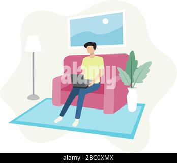 Men sitting on sofa with laptop at the living room. Illustration related to working from home Stock Vector