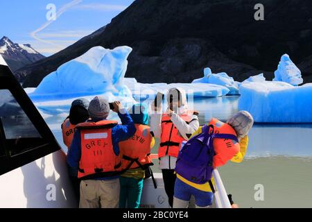 People on a boat trip at the Grey Glacier, Lago Grey, Torres del Paine National Park, Magallanes region, Patagonia, Chile Stock Photo