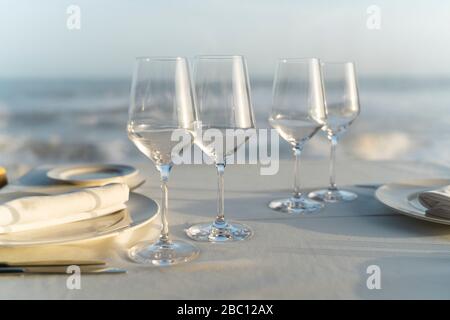 Spain, Empty wineglasses on set restaurant table Stock Photo