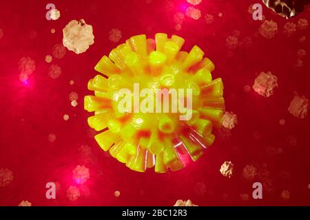 3D Rendered Illustration of a Corona virus surrounded by white blood cells Stock Photo