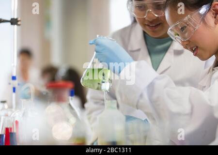Girl students conducting scientific experiment, examining liquid in beaker in laboratory classroom Stock Photo