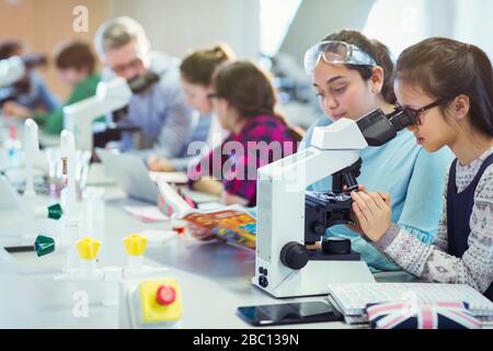 Girl students using microscope, conducting scientific experiment in laboratory classroom Stock Photo