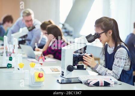 Girl student using microscope, conducting scientific experiment in laboratory classroom Stock Photo