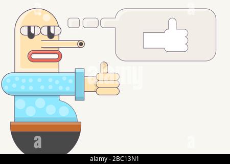 Ugly fat cartoon character in blue shirt with dot pattern do the thumb signal. Stock Vector