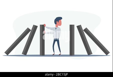 Businessman stopping falling domino vector concept. Symbol of crisis, risk, management, leadership and determination. Stock Vector