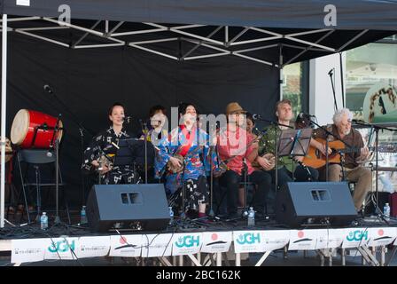 Band Performaing at Festival Market Celebration at Okinawa Day, Spitalfields Market, London, E1 on Saturday 22nd June 2019. Stock Photo