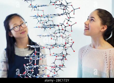 Curious girl students examining molecular structure in classroom Stock Photo