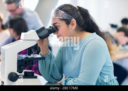 Girl student using microscope, conducting scientific experiment in laboratory classroom Stock Photo